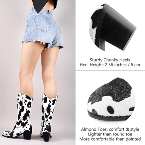 NEW! Women Mid Calf Cowboy Boots Chunky Heel Half Boot Cow Print Western Boots - Picture 5 of 7
